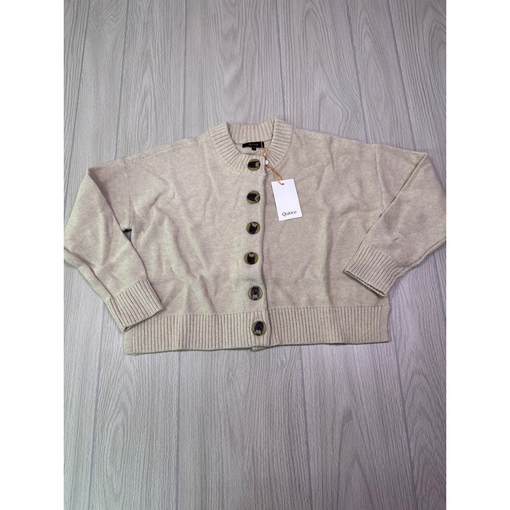 Quince 100% Organic Cotton Cropped Cardigan Speckled Beige S - Picture 2 of 5